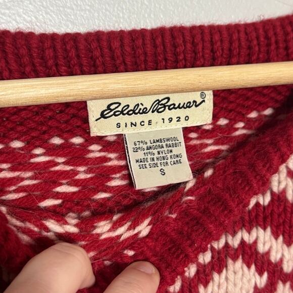 Women's Size S VTG Eddie Bauer Lambswool Nordic Fair Isle Red Holiday Sweater - Picture 3 of 5